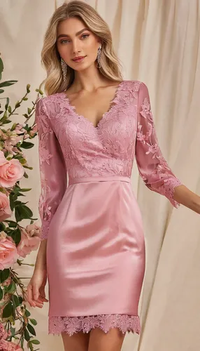 2021 Sheath V-Neck Satin Short Pink Party Dress for Wedding Guest Lace Long Sleeves Mother of the Br,bridal clothing,women's clothing,bridal party dress,ladies clothes,women clothes,wedding dresses,pi
