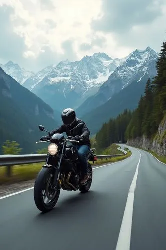 A sleek Husqvarna Svartpilen 401 motorcycle speeding through the winding roads of the majestic Alps, with snow-capped mountains in the background and green forests below. The motorcycle leans into the