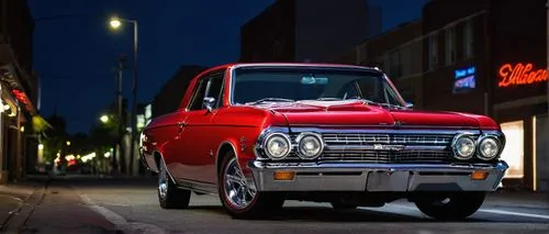 1962 Chevy Chevelle, classic car, vintage, American muscle car, shiny chrome bumpers, rounded headlights, iconic grille, red paint job, vinyl roof, whitewall tires, sporty wheels, low-angle shot, dram
