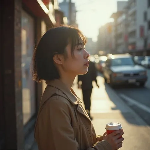 a woman standing on the side of a road next to parked cars,street shot,woman drinking coffee,woman at cafe,oneself,blog,girl in a long,girl walking away,drinking coffee,nisei,street photography,orient