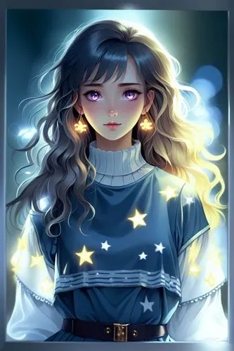 A young woman with glowing eyes,a woman with long hair and glowing blue eyes in a light blue dress,starry,starry sky,solar quartz,star illustration,constellation,constellation wolf,falling star,starli