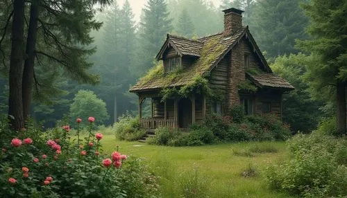 Old Green house in forest, flowers are blooming,  pine-tree,  planty house style,a small cabin house sitting in a forest,house in the forest,lonely house,witch's house,forest house,little house,countr