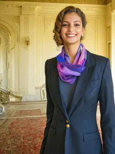 CLoseup shot of a beautiful 27 year old woman. SHe is wearing gold bracelets and earrings She has long hair.
,a smiling woman in a blue suit and a purple scarf,maharani,stateswoman,girl in a historic 