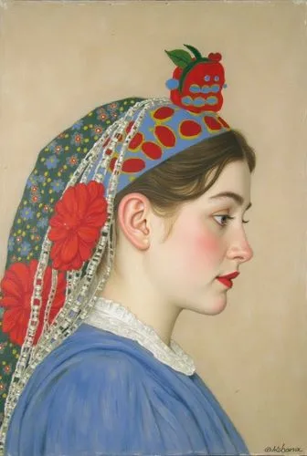 painting of woman wearing a blue dress and colorful headpiece,woman's hat,the hat of the woman,portrait of a girl,the hat-female,portrait of a woman,young woman,milliner,woman with ice-cream,bonnet,gi
