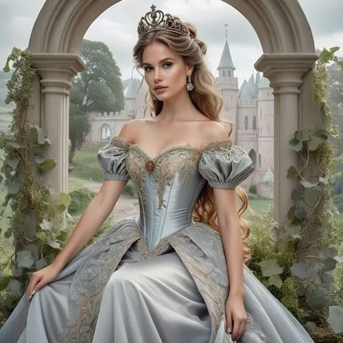 A photo-realistic shoot from a frontal camera angle about a beautiful woman in a silver wedding dress sitting elegantly in an archway surrounded by greenery, with a castle in the background. on the mi