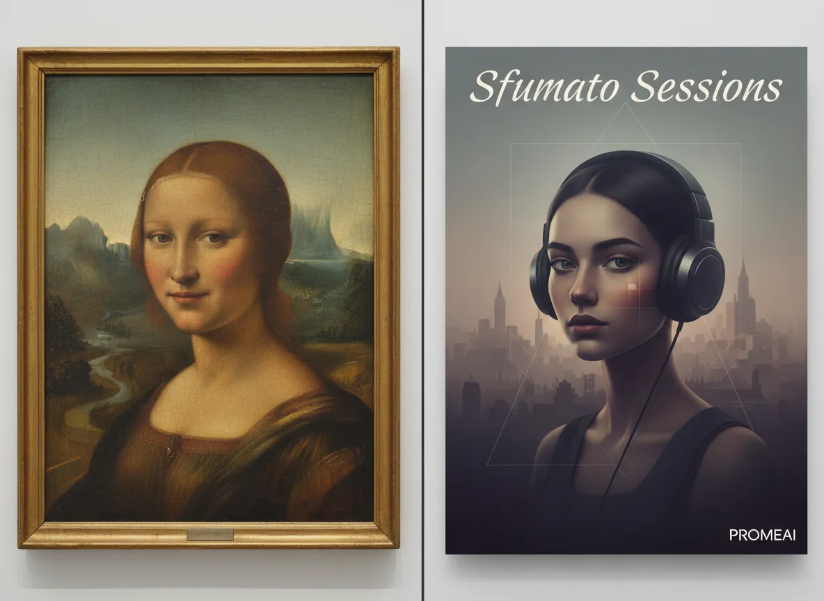 एक क्लासिक पुनर्जागरण पेंटिंग और PromeAI से बने एक आधुनिक पोस्टर की साथ-साथ तुलना, जो इसके स्फ़ुमाटो प्रभाव और रंग पैलेट की नकल करता है।