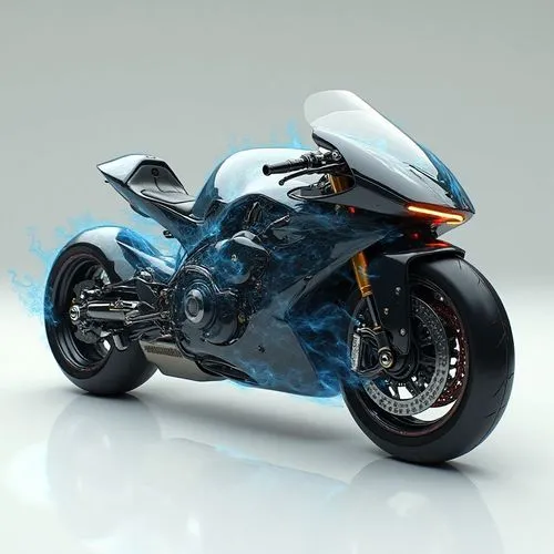 A futuristic electric motorcycle designed for the urban commuter. The body is sleek and compact, with sharp, angular lines and a lightweight aluminum frame. The wheels are integrated into the body to 