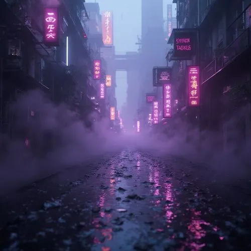 Information about interior design, interior decoration, decorating ideas, and more.,a street with signs and some fog on the ground,cyberpunk,dusk,shanghai,alleyway,atmospheres,alley,purple wallpaper,c