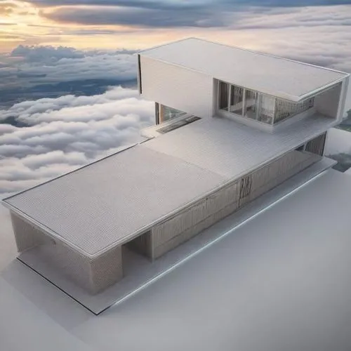 Piensa como un experto en arquitectura hitech y deconstructivista y genera una mejora del proyecto en un entorno totalmente urbano.,a model house in the air above clouds,sky apartment,cantilevers,mode