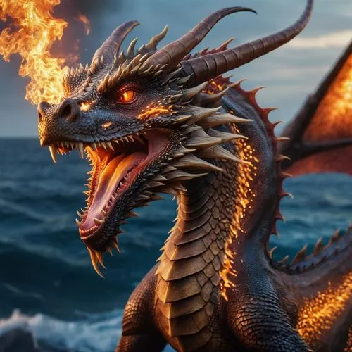 dragon.  , on ocean fire,a dragon is standing by the water with it's mouth open,dragon fire,fire breathing dragon,dragon of earth,dragon,black dragon,dragon design,dragons,fire background,painted drag