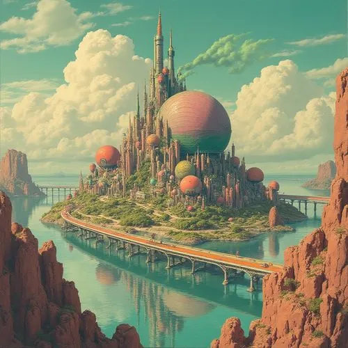 A futuristic city with many buildings and bridges, with an island in the middle of it that has large domes over them. In front is an organic sphere building made from various colored crystals, with gr