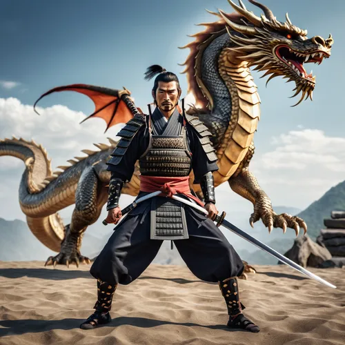 a samurai master standing in a fighting position with his weapon with a dragon at the back lying upwards,dragon li,yi sun sin,wuchang,japanese martial arts,goki,martial arts uniform,chinese dragon,jeo