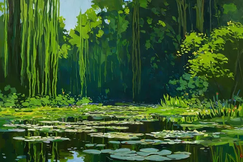 Artes do A'Uwe: Obras de Monet,swamp,lily pads,wetlands,wetland,swampy landscape,green landscape,green forest,bayou,water lilies,lily pad,lilly pond,lily pond,swamp iris,green trees with water,pond,ma