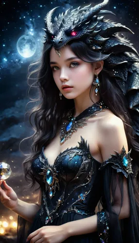 beautiful goddess of the night, sparkling dark beautiful hair, black dragon spirit, young beautiful girl 14 years old, beautiful eyes, beautiful lips, beautiful sparkling goddess dress decorated with 