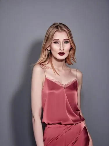 Shyanne with her characteristic long nose bridge at the model shoot,young woman wearing evening wear posing against grey background,colorizing,portrait background,pale,pink background,elegant,coloriza