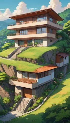 A detailed oil painting: a modern, minimalist house with four floors, brown wood, and a sloped roof, stands on a gentle slope. The warm-hued hill and greenery add warmth, while the composition's symme