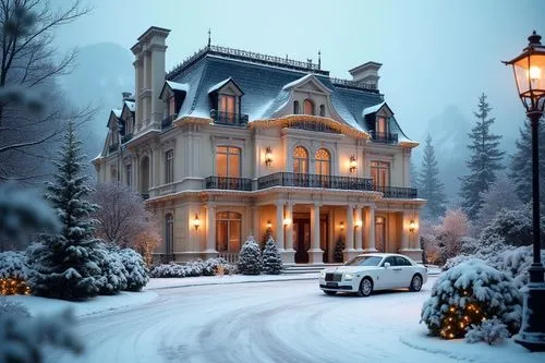 Snow-covered luxury mansion in a French neoclassical style, surrounded by a serene winter landscape. The mansion features a light cream facade with intricate columns, ornate moldings, and tall arched