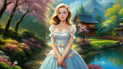 Romantic masterpiece oil painting, cute girl portrait, nostalgic 1950's style kitsch, beautiful exotic rural vast Japanese landscape, cherry blossom scenery, Shinto Japanese sakura, flower petals, by 