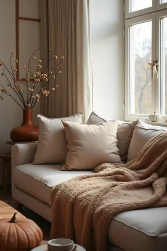 (magazine editorial layout:1.3), moodboard, interior design, home decor, fall vibe, autumn, ultra realistic, close shot, harvest season decor, minimalist ,a couch that is by some window in the day,coz