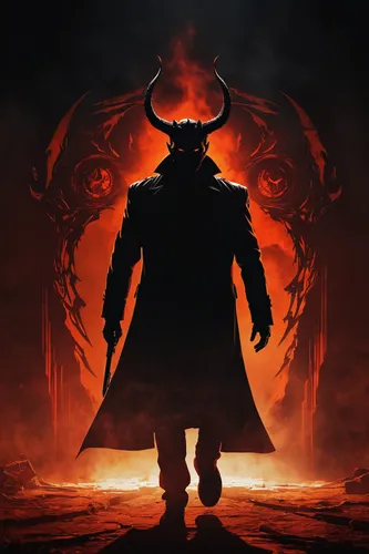 Cinematic dark mystery poster, red, orange and black colour, a silhouette of a devil in the middle from which a detective emerges, Texas atmosphere, photo realistic, cinematic, Unreal engine 5, photo 