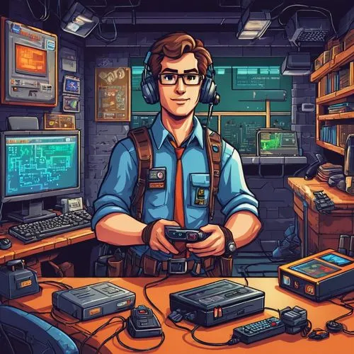 Pixel Art, game Scene,technician,game illustration,technologist,retro technology,computerologist,egon,otacon,engineer,sega genesis,shadowrun,man with a computer,sega mega drive,technirama,retro styled