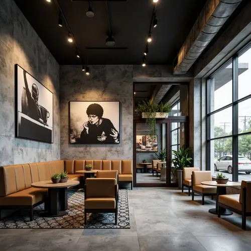 an interiors of a industrial coffee shop with slate grey , concrete , black and white artworks about coffee, , tan , beige furniture , track lights , glass window with logo printed on it


,a picture 