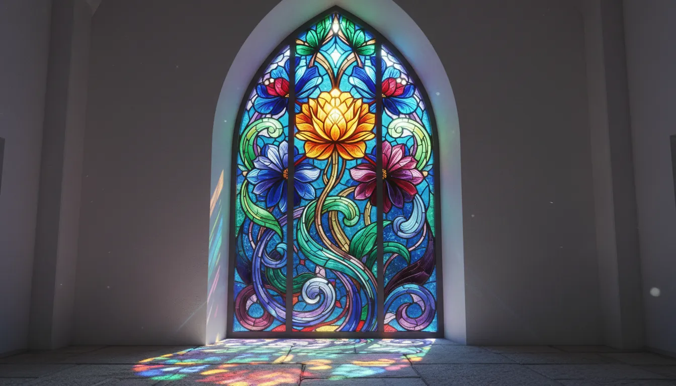 Una vetrata artistica fotorealistica, generata dall'IA, con un moderno design floreale, che mostra colori vivaci ed effetti di luce.