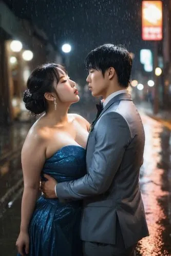 a korian couple in a city at night,night,couple,rain,chubby,love,lights