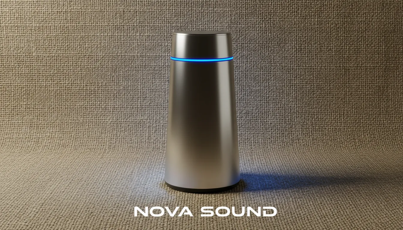 Un poster generato dall'AI che mostra un prodotto elegante e moderno su uno sfondo in iuta altamente dettagliato, evidenziando il contrasto delle texture.