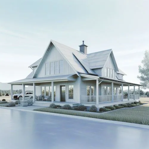 Modern Farmhouse house, Simple, clean lines with a gabled roof, large windows, The design often includes large porches, barn-style doors, and a neutral color palette
