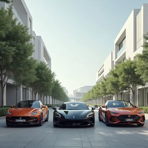 four sports cars parked in a street between tall buildings,mclarens,supercars,maclaren,sportscars,super cars,mclaren mp4-12c