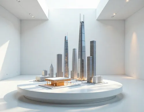 an artistic rendering of buildings in the middle of a room,futuristic art museum,sky space concept,futuristic architecture,renders,monoliths,property exhibition