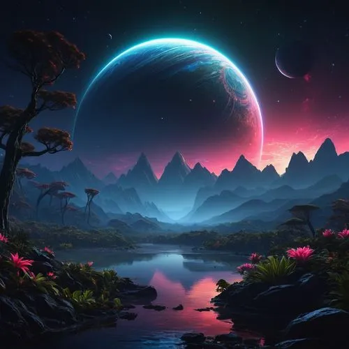 A lush, exotic alien planet, in a distant solar system. Majestic mountain ranges, small lake. The sky is dark and shows nebulae, along with neon colored gases. Ultra realistic. ,painting of a bright l