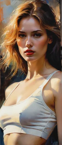 Low-key photographic euphoria, 8k, ultra high definition, masterpiece, extremely beautiful young woman, tiny white crop top,photo painting,oil painting,art painting,oil painting on canvas,painting tec