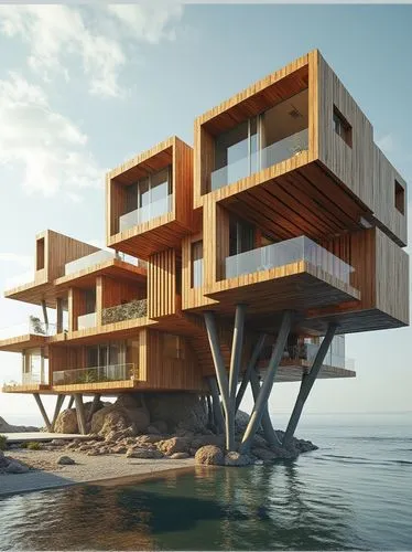imagine an impressive visualization of an avant-garde house constructed from a series of interconnected floating wood volumes, suspended and supported by slender steel supports. Capture the sense of w