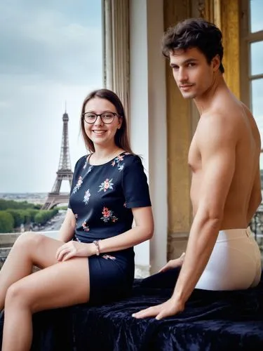 some 35 year old sexy Folies Bergère Girl and her lover-boy,the young man and woman are posed in underwear and posing by the window,francophile,parisiens,parisians,parisii,parigi,bompard