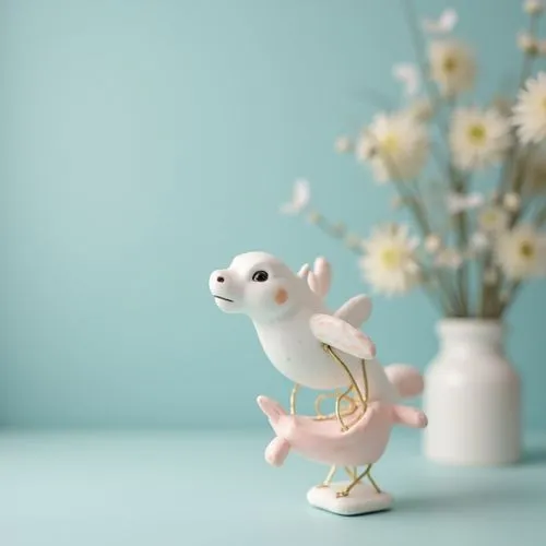 exclusive kids room elegant decoration on table,delicate ,pastel colors,blured background,zoom focus,plane
,a little ceramic bird on a table with flowers,whimsical animals,frog figure,ermine,jazz frog