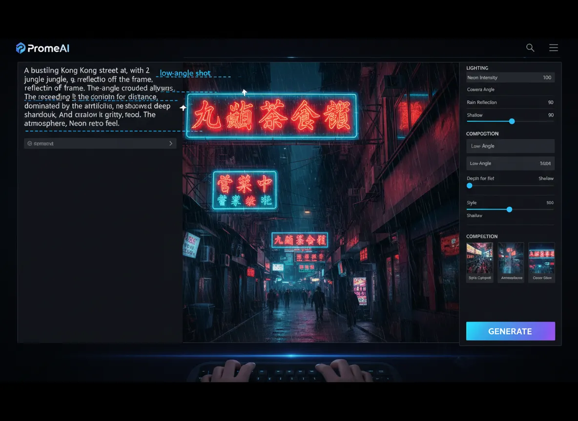PromeAI का एक इंटरफ़ेस दृश्य जो एक उपयोगकर्ता को हांगकांग नियॉन दृश्य के लिए एक विस्तृत प्रॉम्प्ट टाइप करते हुए दिखाता है, जिसमें प्रकाश और रचना के लिए विशिष्ट पैरामीटर हाइलाइट किए गए हैं।