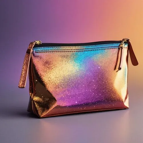 product design，Packaging Design,an image of a large metallic bag with a zip,purse,purses,iridescent,handbag,shimmery,shimmers,pocketbook,stone day bag,prismatic,glitziest,holographic,glitzier,a bag,lu
