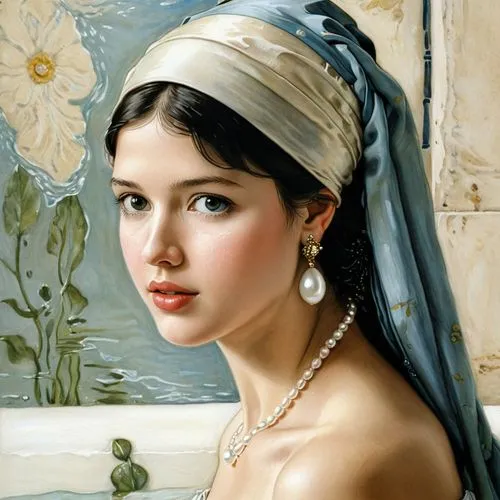 Girl with Pearl Earring 44x32, bathing, Phoebe Cates,emile vernon,young woman,bathing,bath oil,portrait of a girl,cleopatra,girl with cloth,the girl in the bathtub,romantic portrait,bath,vintage femal