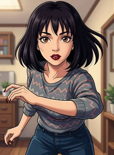 Transform the image to a very feminine look. Add bright brown eyes, dark red lipstick, detailed textures, and vibrant colors. Use sharp, flowing lines to emulate the iconic Ghibli illustration style.
