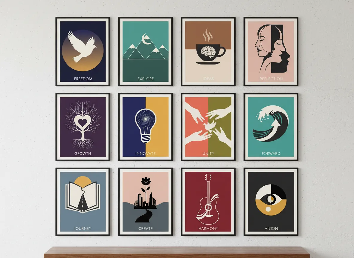 PromeAI के साथ बनाए गए मिनिमलिस्ट पोस्टर डिज़ाइनों की एक गैलरी, जिसमें विभिन्न रंग पैलेट और विषय हैं, लेकिन सभी में नेगेटिव स्पेस का प्रभावी ढंग से उपयोग किया गया है।