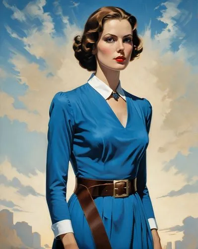 An enigmatic digital illustration: A woman with a vibrant blue dress, adorned in a black belt, and a white collar stands tall. Her gaze, directed sideways, adds mystery; her brown hair adds a splash o