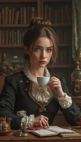 Серьезная, красивая  женщина бухгалтер сидит за столом, в офисе  и пьет чай. Высокая детализация. Стиль эпохи Возрождения,a woman drinking a cup of coffee sitting at a table,miniaturist,belle,girl in 