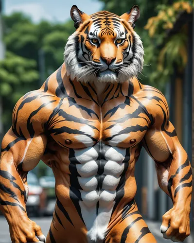 create a muscular Tigerman in tiger look skin all over, full body view
,asian tiger,a tiger,tiger,tiger png,tigerle,bengal tiger,royal tiger,chestnut tiger,blue tiger,amurtiger,big cat,tiger head,youn