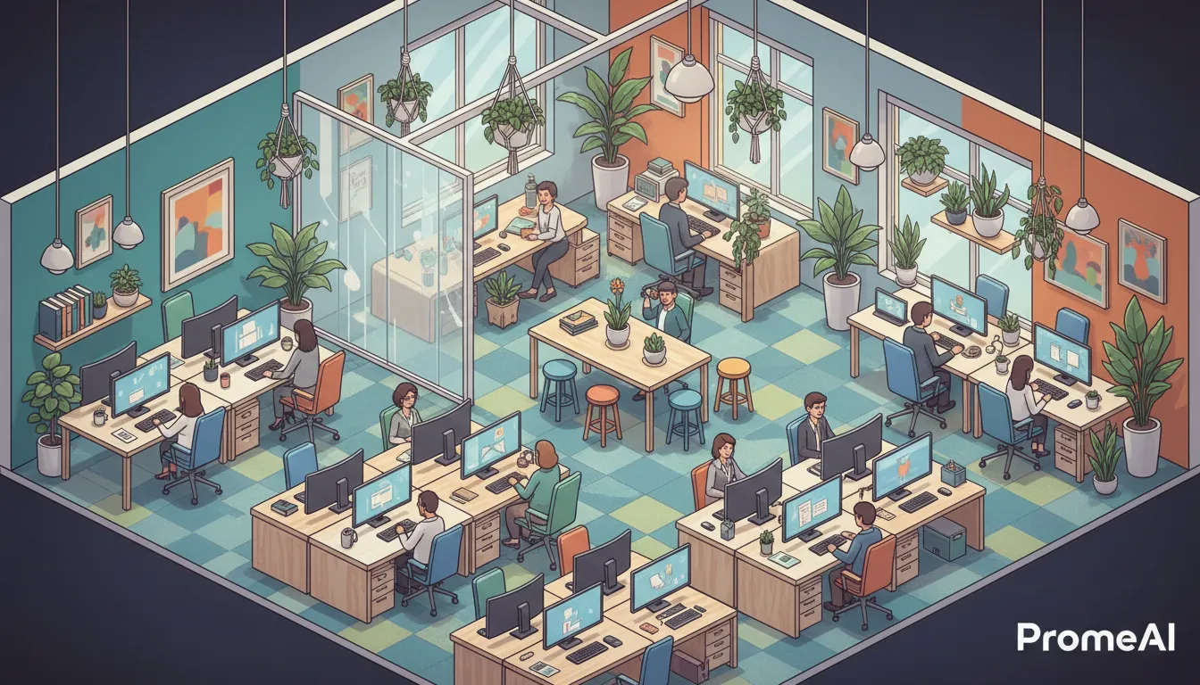 Un'illustrazione isometrica vibrante e dettagliata di un moderno spazio ufficio, con computer, scrivanie e piante, creata con PromeAI.