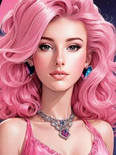 beautiful lady who looks like Jem, lookalike, cartoon, pink hair, pink vinyl dress, pop star, 1980s,a digital painting of a woman with pink hair and a necklace,pink beauty,barbie,pink diamond,doll's f