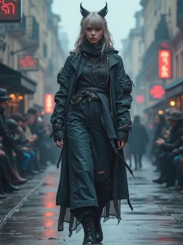 dark cyberpunk. Fashion that looks like it will appear at Paris Fashion Week. soft pastel colours. walk the runway. realistic.


,a woman with horns on the street on the rainy,kawakubo,bladerunner,dec