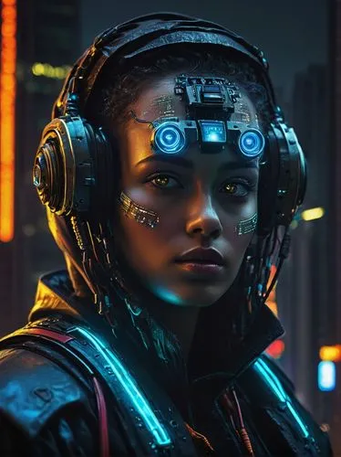 Digital portrait, non-existent face, futuristic cyberpunk, neon lights, glowing circuitry, metallic skin, intricate details, high-tech equipment, wires, motherboards, robotic eyes, cold calculating ga