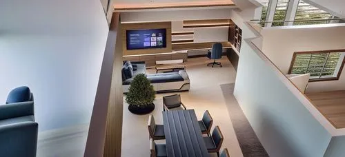 a room with a long desk and a television on the wall,interior modern design,modern living room,modern room,contemporary decor,loft,penthouses,modern decor,lofts,home interior,luxury home interior,hall